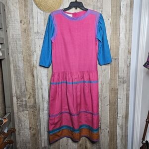 Vintage 100% Silk Nicole Miller 3/4 Sleeves Colorblock Peasant Midi Dress Size 6
